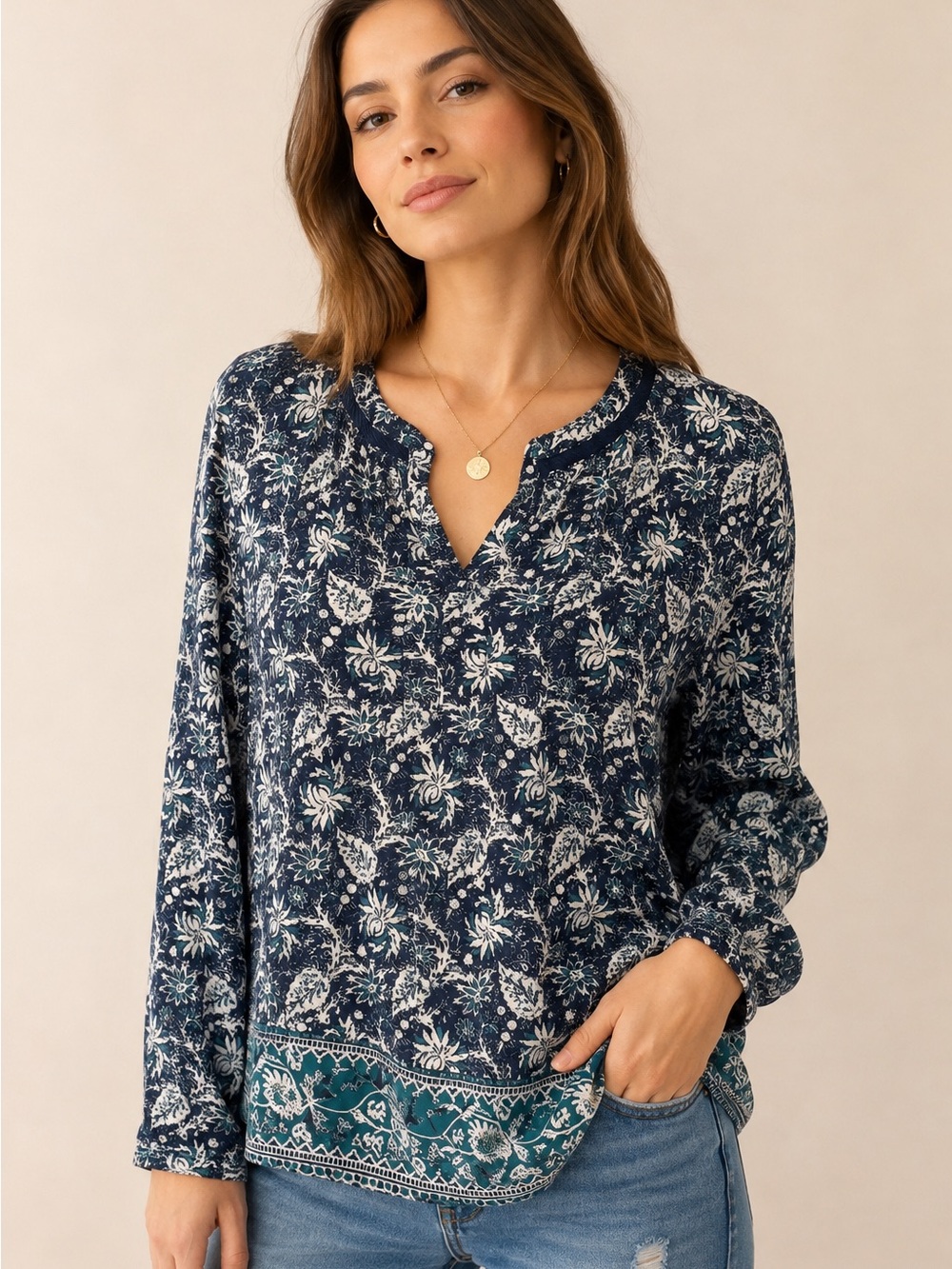 Women's Navy Floral Split-Neck Blouse